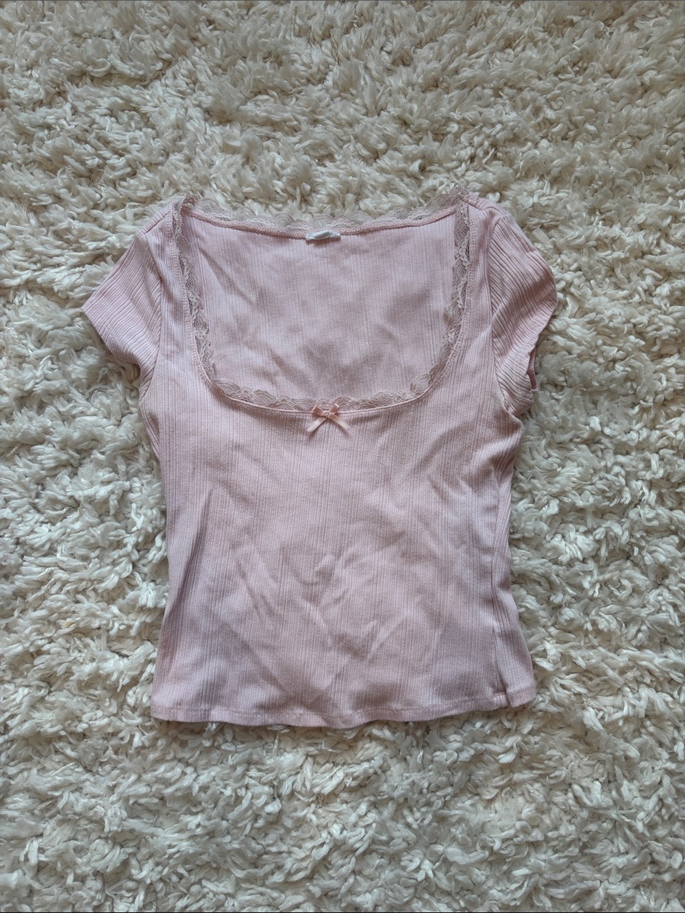 Garage Light Pink Ribbed Short-Sleeve Scoop Top with Lace Trim